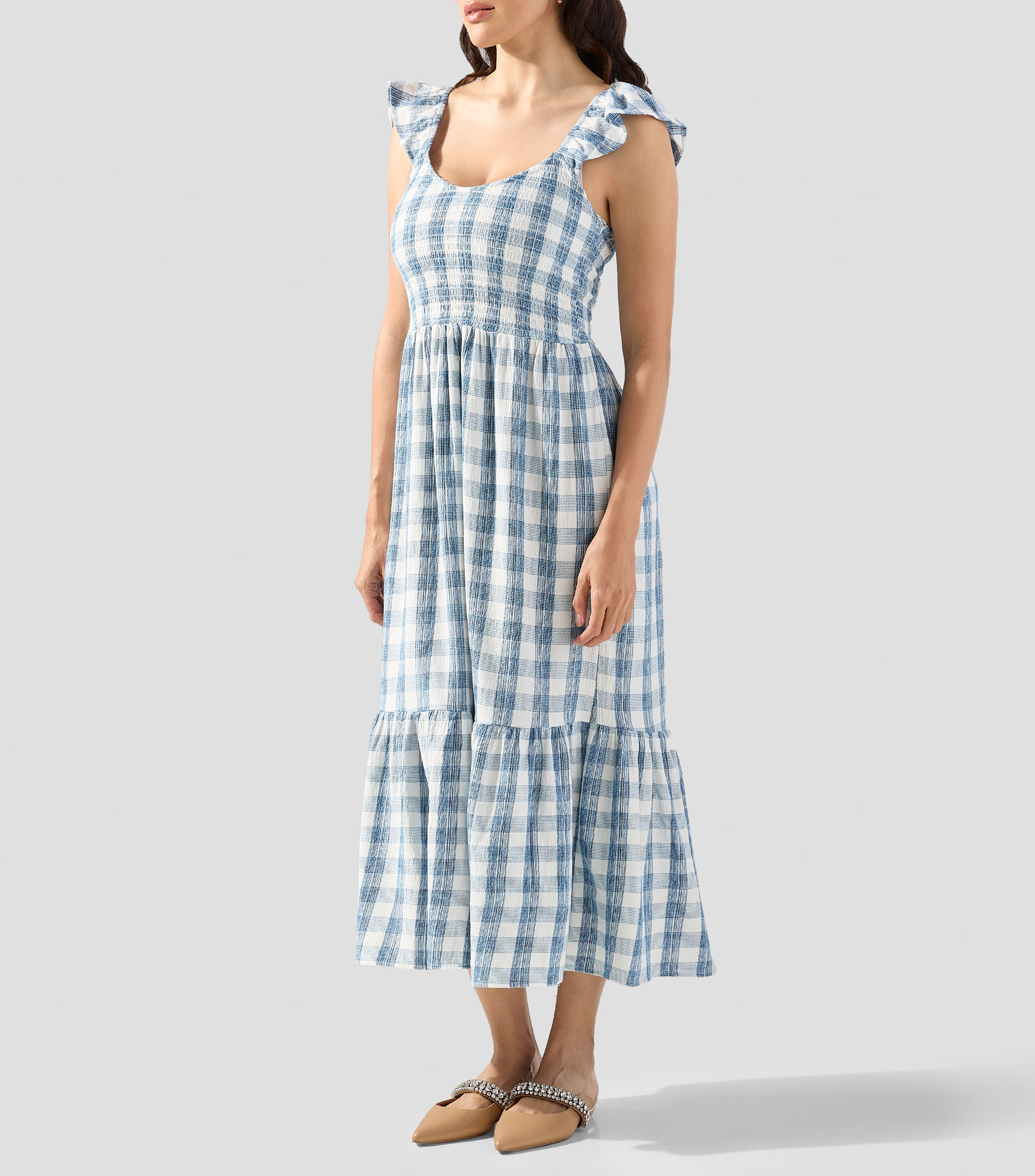 Vestido midi con cuadros Mujer